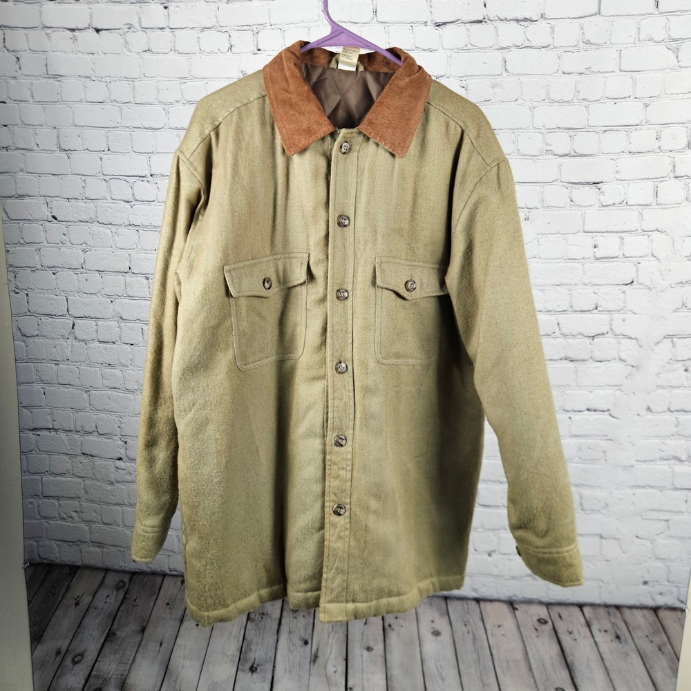 Vintage Quilted Shirt Jacket Olive Green Suede Collar Wool Blend Mens Medium